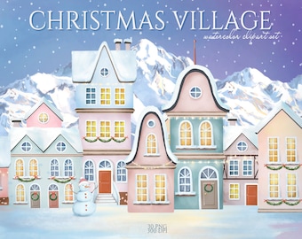 Christmas Village Clipart, Winter Town, Watercolor Houses, Christmas Landscape, Mountains, Snowy Scene, Winter Trees Clip Art, Scandinavian