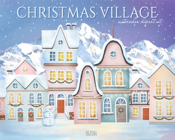Christmas Village Clipart Winter Town Watercolor Houses  Etsy
