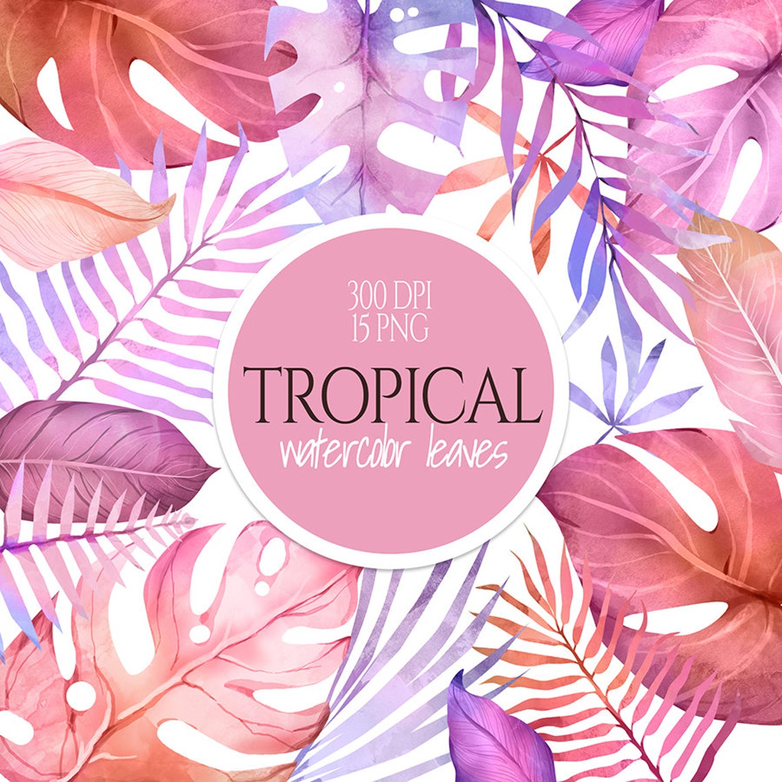 Pink Tropical Leaves Clipart, Watercolor Tropical Clipart, Exotic ...