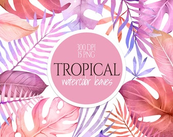 Pink Tropical Leaves Clipart, Watercolor Tropical Clipart, Exotic leaves, Palm Leaves, Palm Leaf, Tropic Leaves, Greenery Clip Art, Monstera