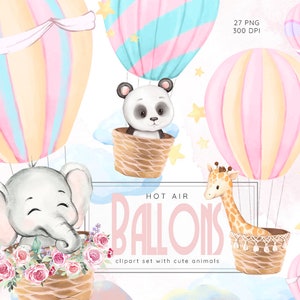 Acquerello mongolfiera, Clipart animali asilo nido, elefante, baby shower, giraffa giungla, zebra tropicale, bambini, animali safari, panda carino