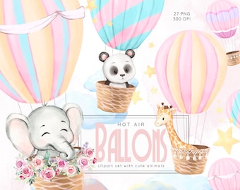 Hot Air Balloon Watercolor, Nursery Animals Clipart, Elephant, Baby Shower, Jungle Giraffe, Tropical Zebra, Kids, Safari Animals, Cute Panda