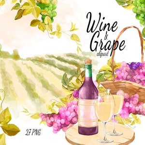 Watercolor Wine Clipart: Vineyard, Grapes, Bottle (PNG)