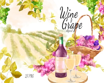 Watercolor Wine Clipart, Grapes Clip Art, Wine Country Vineyard, Wine Bottle Clipart, Watercolor Vines Leaves, Wine Glass, Wine Barrel, PNG