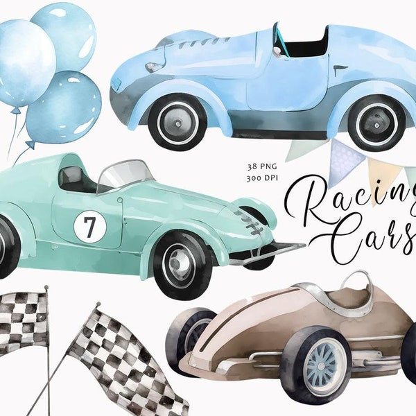 Clipart di auto ad acquerello, neonato, clipart di scuola materna, arredamento per bambini, clipart della stanza della scuola materna, clipart di auto da corsa vintage, baby shower, PNG