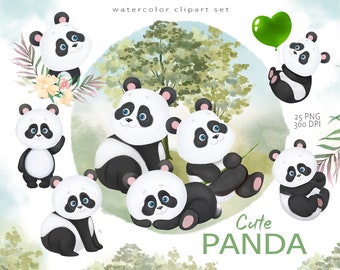 Baby Panda Clipart, Tropical Animals, Watercolor Panda, Nursery Clip Art, Baby Shower Panda, Jungle Animals, Cute Panda, Little Animals, Zoo