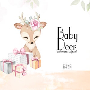 Cute Deer, Girl Baby Deer Clipart, Little Animals, Watercolor Deer, Woodland Baby Shower, Fawn Clip Art, Nursery Decor, Floral Deer, PNG image 6