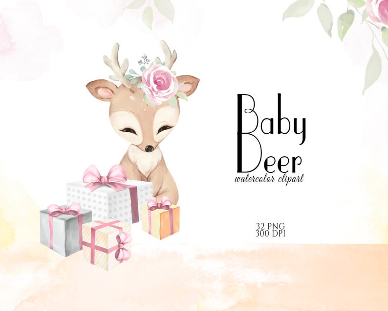 Cute Deer, Girl Baby Deer Clipart, Little Animals, Watercolor Deer, Woodland Baby Shower, Fawn Clip Art, Nursery Decor, Floral Deer, PNG image 6