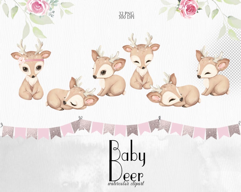 Cute Deer, Girl Baby Deer Clipart, Little Animals, Watercolor Deer, Woodland Baby Shower, Fawn Clip Art, Nursery Decor, Floral Deer, PNG image 5