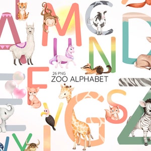 Watercolor Animals Alphabet Clipart, Animals Letters, Nursery Clip Art, Baby Animals, ABC Alphabet, School Animals, Education Alphabet, Zoo