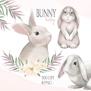 K&ouml;nnte beinhalten: Ein Set mit drei Aquarell-Illustrationen von Kaninchen mit rosa Ohren und wei&szlig;em Fell. Die Kaninchen sind von gr&uuml;nen und rosa Bl&auml;ttern und wei&szlig;en Blumen umgeben. Der Text "BUNNY baby" ist oben im Bild in Schwarz geschrieben.