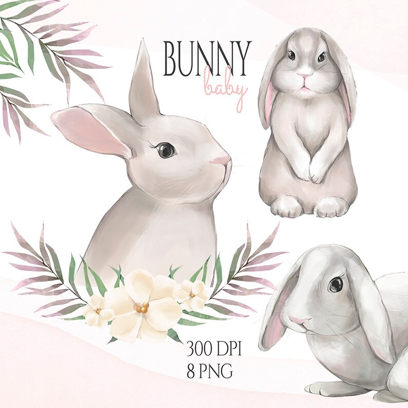 K&ouml;nnte beinhalten: Ein Set mit drei Aquarell-Illustrationen von Kaninchen mit rosa Ohren und wei&szlig;em Fell. Die Kaninchen sind von gr&uuml;nen und rosa Bl&auml;ttern und wei&szlig;en Blumen umgeben. Der Text "BUNNY baby" ist oben im Bild in Schwarz geschrieben.