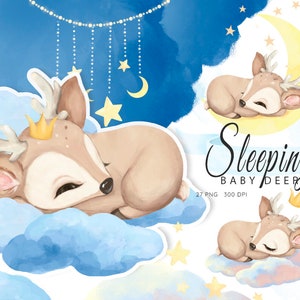 Baby Deer Clipart, Sleeping Deer, Little Animals, Watercolor Deer, Woodland Baby Shower, Fawn Clip Art, Nursery illustration, Cute Deer, PNG