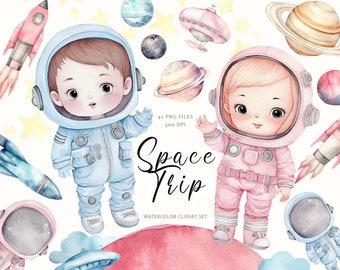 Baby Astronaut Clipart, Watercolor Space Clipart, Nursery, Cute Astronaut, Baby Decor, Spaceship Clipart, Planets, Outerspace, Rockets, PNG