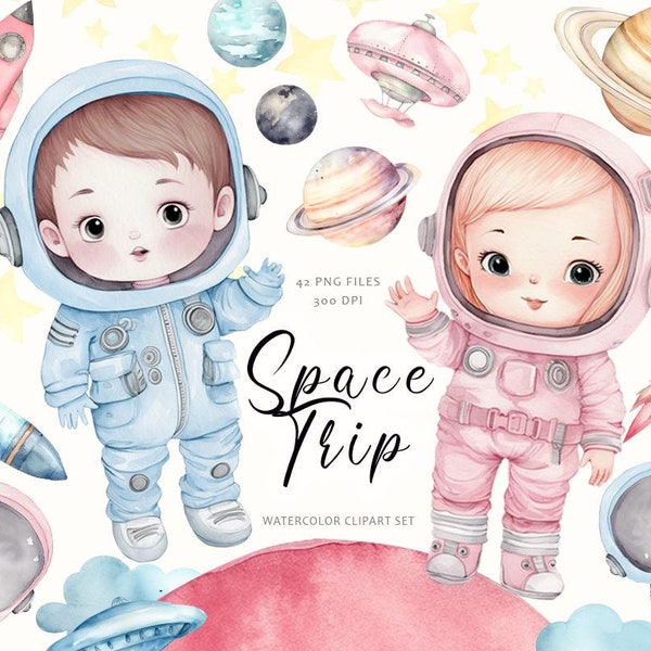 Baby Astronaut Clipart, Watercolor Space Clipart, Nursery, Cute Astronaut, Baby Decor, Spaceship Clipart, Planets, Outerspace, Rockets, PNG