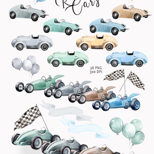 Watercolor cars clipart, Newborn baby boy, Nursery clipart, Baby decor, Nursery room clipart, Vintage racing cars clipart, Baby shower, PNG image 6