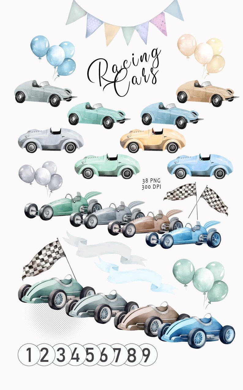 Watercolor cars clipart, Newborn baby boy, Nursery clipart, Baby decor, Nursery room clipart, Vintage racing cars clipart, Baby shower, PNG image 6