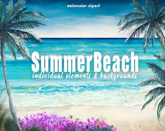 Imágenes prediseñadas de paisajes de playa, palmeras, olas del océano en acuarela, escena de playa tropical, fondos marinos, cielo, imágenes prediseñadas náuticas, costa.