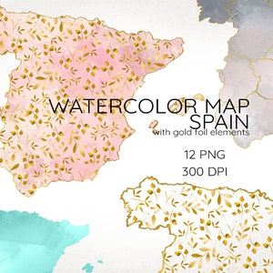 Spain Map Clipart, Watercolor Spain, Map of Spain, Watercolor Map Clip Art, Custom Map, Floral Spain, Color Map Graphics, Digital Map, PNG