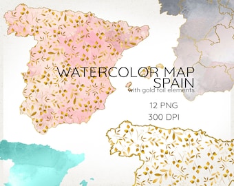 Mapa de España Clipart, España en acuarela, Mapa de España, Clip Art de Mapa en Acuarela, Mapa Personalizado, España Floral, Gráficos de Mapa a Color, Mapa Digital, PNG