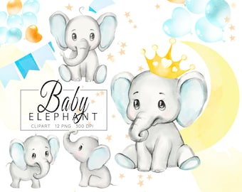 Baby Elephant Clipart, Watercolor Elephant, Boy Baby Shower Clip Art, Elephants illustration, Little Animals Clip Art, Nursery Graphics, PNG