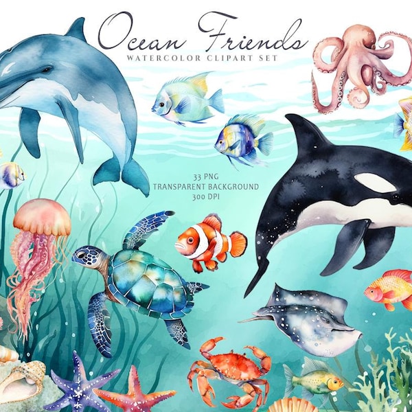 Zeedieren clipart, schattige oceaan dieren clipart, nautisch, aquarel onderwater, kinderkamer clipart, babyshower, walvis dolfijn schildpad octopus