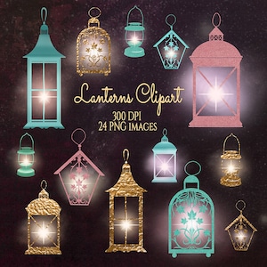 May include: A set of 24 digital clipart images of lanterns in various styles and colors, including gold, teal, and pink. The lanterns are all glowing with a warm light. The text "Lanterns Clipart" and "300 DPI 24 PNG IMAGES" is included in the image.