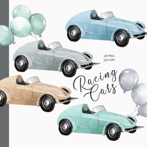 Watercolor cars clipart, Newborn baby boy, Nursery clipart, Baby decor, Nursery room clipart, Vintage racing cars clipart, Baby shower, PNG image 3