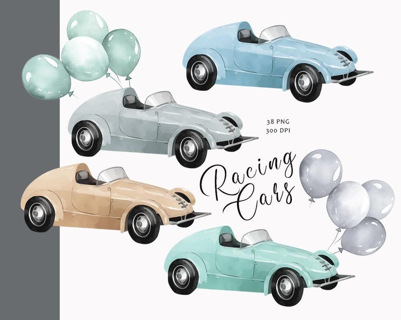 Watercolor cars clipart, Newborn baby boy, Nursery clipart, Baby decor, Nursery room clipart, Vintage racing cars clipart, Baby shower, PNG image 3