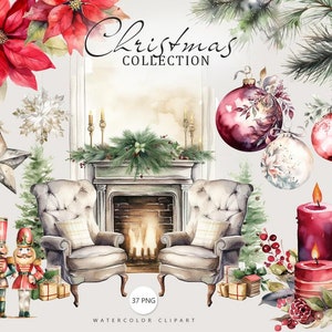 Christmas Collection Clipart, Watercolor Cozy Winter Clipart, Christmas Landscapes, Village Scenes, Christmas Town, Winter Holidays Clipart