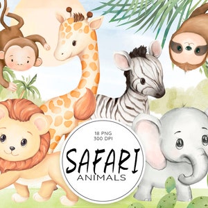 Imágenes prediseñadas de animales de safari en acuarela, jirafa bebé tropical, elefante lindo, león, cebra africana, perezoso, mono, animal de la jungla, zoológico, baby shower
