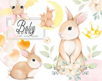 Watercolor Rabbit, Mother and Baby Bunny Clipart, Watercolor Little Animals, Baby Shower, Woodland Animals Clip Art, Nursery Cute Bunny, PNG