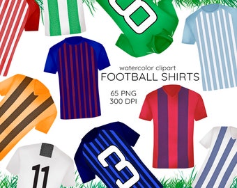 Watercolor Football Shirts, Soccer T-Shirt Clipart, Sport T-Shirt Clip Art, Watercolor Soccer Shirts Clipart, Football Shirt in Stripes, PNG