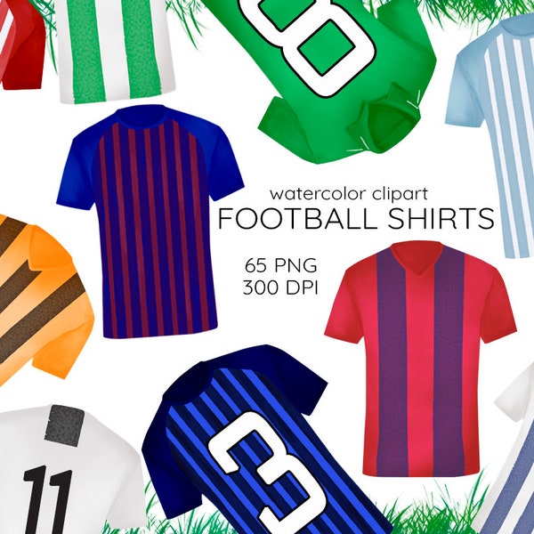 Maillots de football aquarelle, T-shirt de football clipart, T-shirt de sport Clip Art, Chemises de football aquarelles clipart, Chemise de football à rayures, PNG