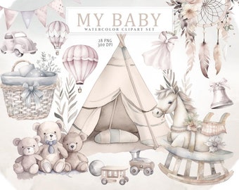Watercolor boho baby clipart, Newborn baby, Nursery clipart, Baby boy cliaprt, Nursery room clipart, Baby girl, Watercolor baby shower PNG
