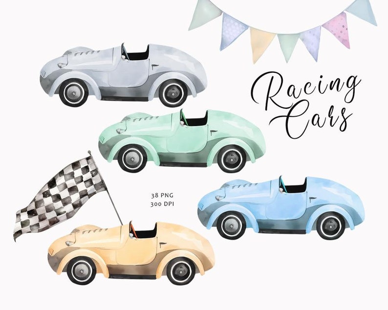 Watercolor cars clipart, Newborn baby boy, Nursery clipart, Baby decor, Nursery room clipart, Vintage racing cars clipart, Baby shower, PNG image 2