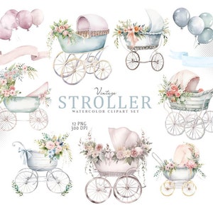 May include: A set of 12 watercolor illustrations of vintage baby strollers with floral accents. The strollers are in various colors, including blue, pink, and white. The illustrations are perfect for creating baby shower invitations, cards, and other projects.