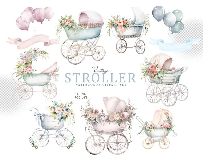 May include: A set of 12 watercolor illustrations of vintage baby strollers with floral accents. The strollers are in various colors, including blue, pink, and white. The illustrations are perfect for creating baby shower invitations, cards, and other projects.