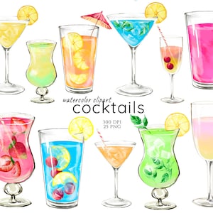 Imágenes prediseñadas de cócteles de acuarela, imágenes prediseñadas de bebidas alcohólicas, imágenes prediseñadas de cócteles, cócteles tropicales, gráficos de bebidas de verano, imágenes prediseñadas de mojito, PNG