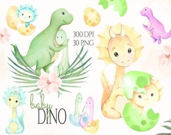 Baby Dinosaur Clipart, Watercolor Dinosaurs, Children Animals Clip Art, Dino Baby Shower, Little Dinosaur illustration, Nursery Dinosaur PNG
