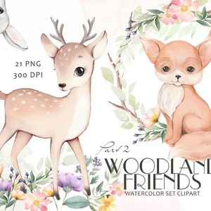Clipart animaux de la forêt, animaux de la forêt, animaux mignons à l'aquarelle, clipart de pépinière. Fête prénatale, Clipart, lapin, ours, renard, hérisson, cerf