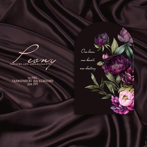 May include: A black arch with a floral arrangement of dark purple and pink peonies, green leaves, and the text "One love, one heart, one destiny".