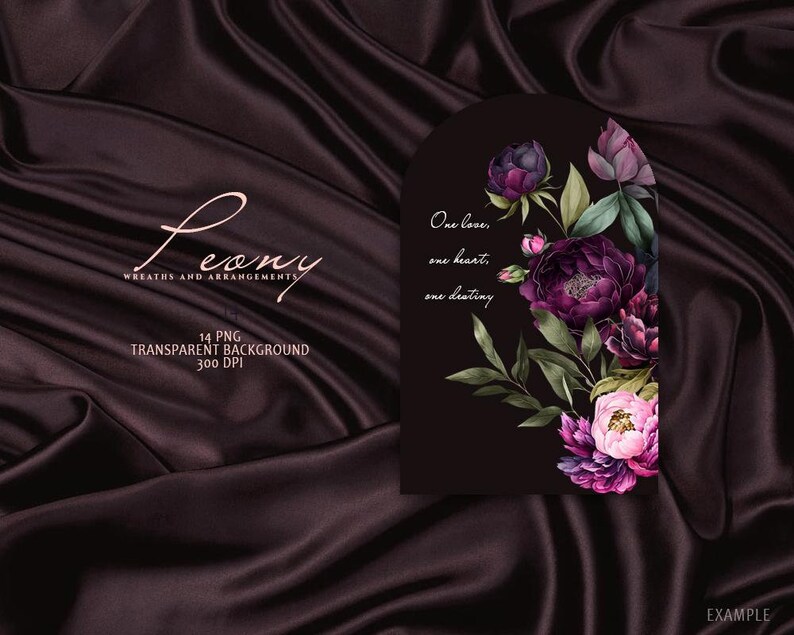 May include: A black arch with a floral arrangement of dark purple and pink peonies, green leaves, and the text "One love, one heart, one destiny".