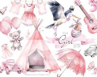 It's a girl clipart, Newborn baby, Nursery clipart, Watercolor baby girl clipart, Baby decor, Watercolor baby shower clipart, 1st birthday