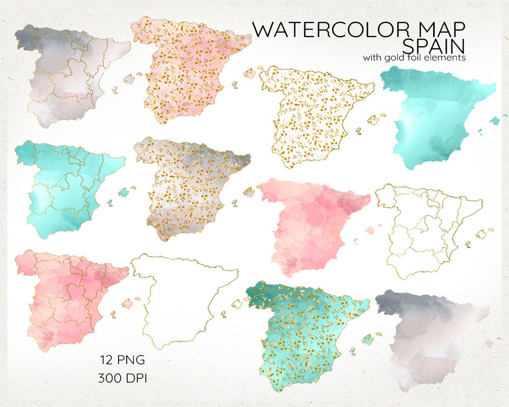 Spain Map Clipart, Watercolor Spain, Map of Spain, Watercolor Map Clip ...