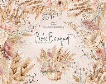 Boho flowers clipart, Rustic flowers, Watercolor floral clipart, Boho bouquets, Dried flowers, Pampas clipart, Elegant bohemian flowers, PNG