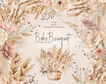 Boho flowers clipart, Rustic flowers, Watercolor floral clipart, Boho bouquets, Dried flowers, Pampas clipart, Elegant bohemian flowers, PNG