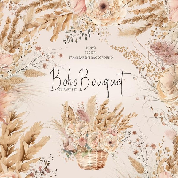 Boho flowers clipart, Rustic flowers, Watercolor floral clipart, Boho bouquets, Dried flowers, Pampas clipart, Elegant bohemian flowers, PNG