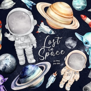 Clipart espace aquarelle, clipart bébé astronaute, chambre de bébé, astronaute mignon, clipart planètes aquarelle, cosmos, clipart univers, fusées