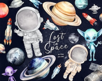 Watercolor Space Clipart, Baby Astronaut Clipart, Nursery, Cute Astronaut, Watercolor Planets Clipart, Outerspace, Universe Clipart, Rockets